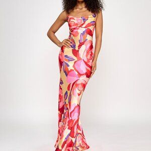 💗 Katia Rae Juniors Printed Open-Back Satin Gown | Pink Multi | Size S | NWT 💗